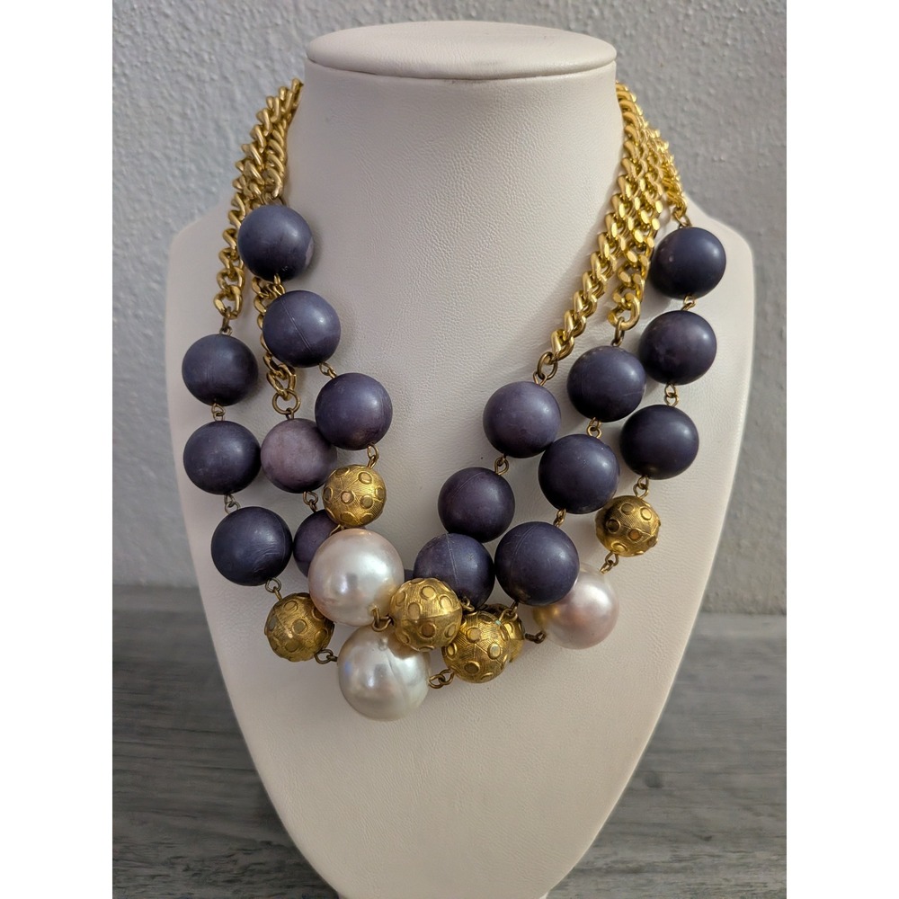 Vintage Statement Necklace Chunky Purple Beads Faux Pearl Gold Tone Multi Strand